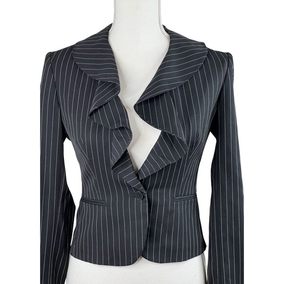 Ralph Lauren Black Label Wool Ruffle Jacket Blazer Pinstripe Black White Size 2 - Picture 1 of 11